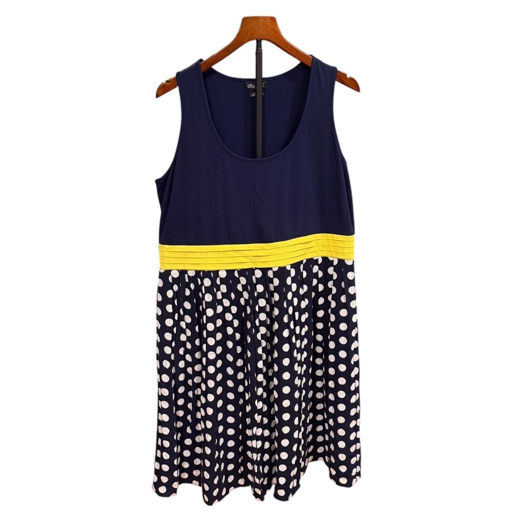 Dainty City Chic Navy Blue Polka Dot Sleeveless Dress Yellow Waistband Sz S 16
